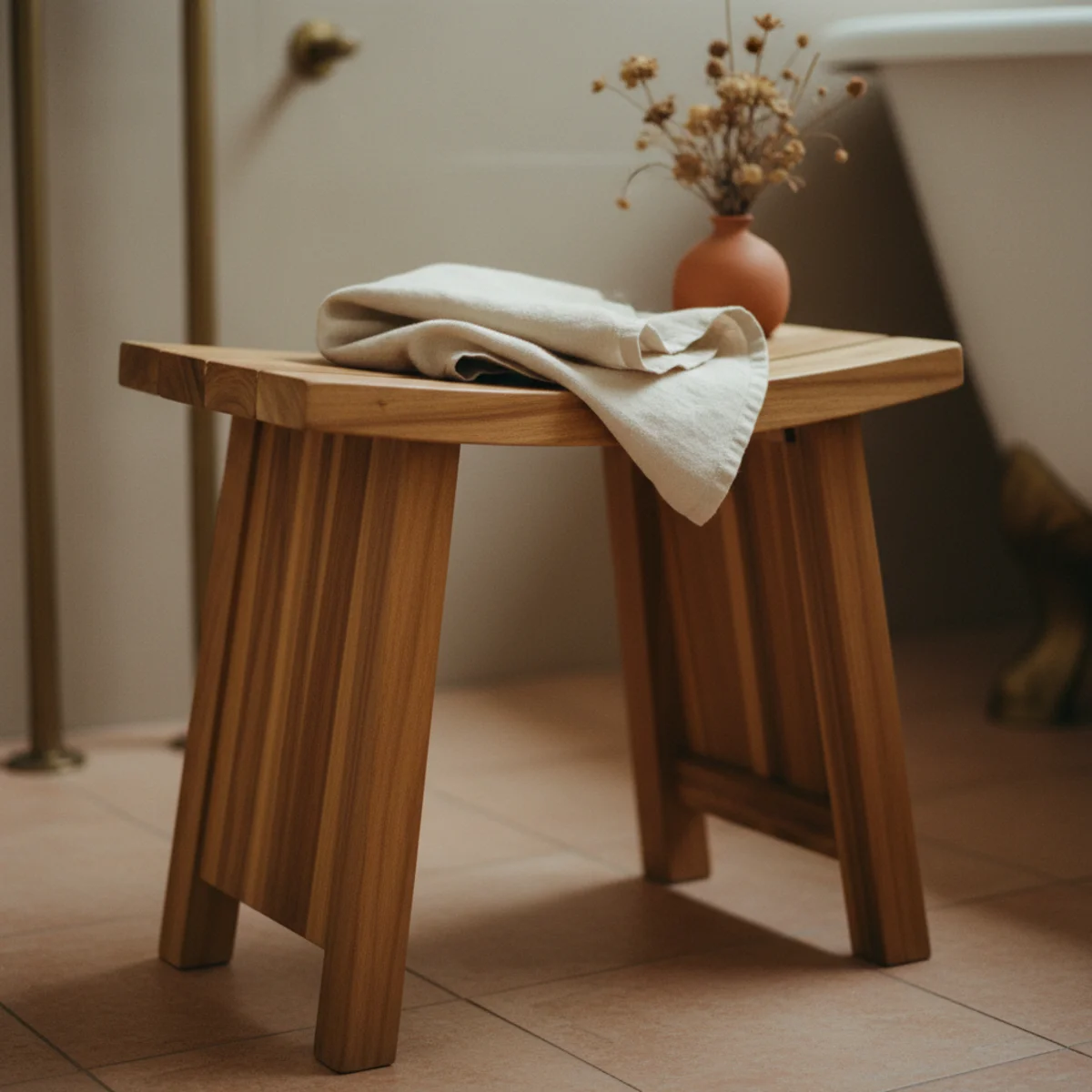Small bathroom ideas — teak shower stool beside a bathtub in a small bathroom showing the warm wood material contrast against tile and chrome surfaces — Home Decor Aura