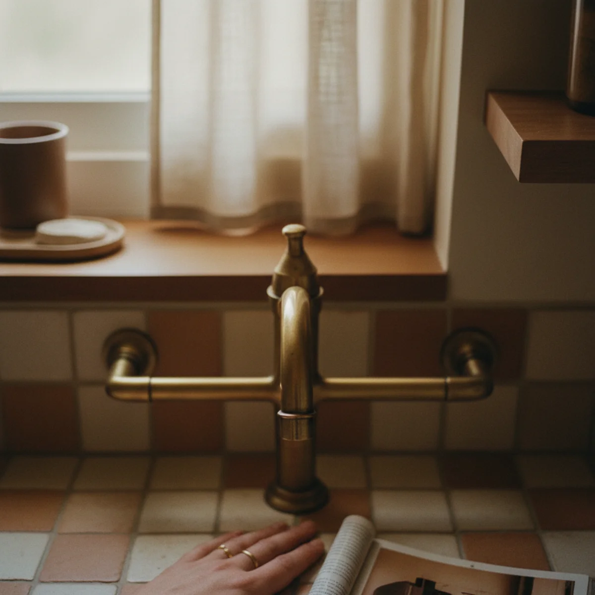 Small bathroom ideas — aged brass faucet and towel bar in a small bathroom showing the warm metal language shift from chrome default — Home Decor Aura