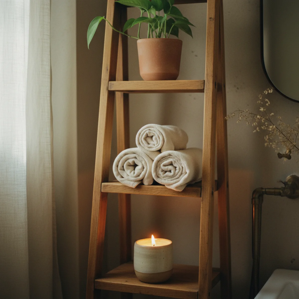 Small bathroom ideas — wooden ladder shelf leaned against small bathroom wall holding rolled towels and small ceramics in a vertical storage arrangement — Home Decor Aura