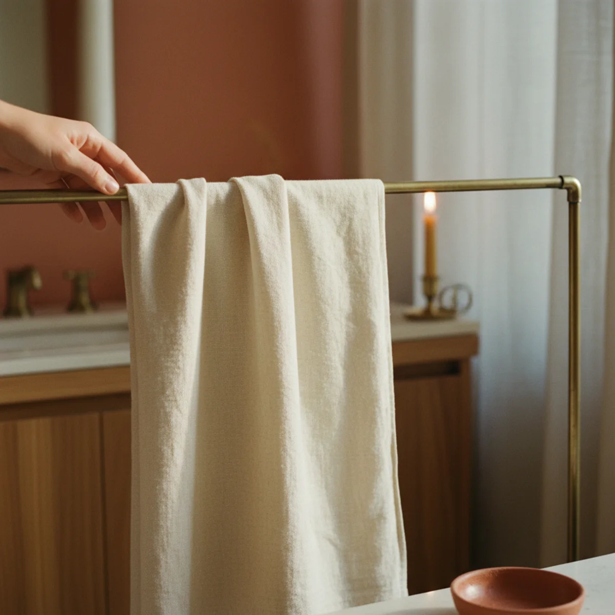 Small bathroom ideas — washed cream linen bath towel hung on aged brass towel bar in small bathroom showing warm natural fiber quality — Home Decor Aura