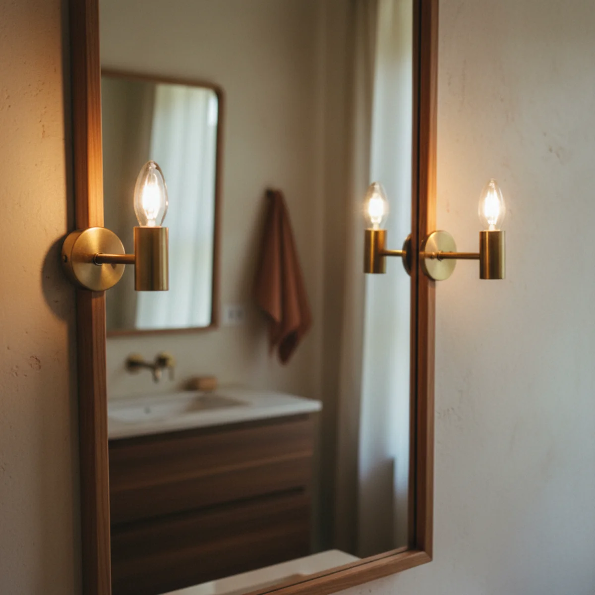 Small bathroom ideas — aged brass sconces flanking mirror at face height in small bathroom with overhead dimmed showing the warm flattering lighting — Home Decor Aura