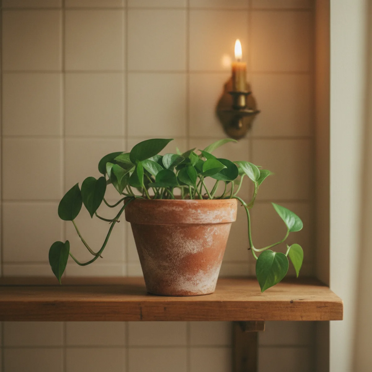 Small bathroom ideas — trailing pothos plant on a small shelf in a small bathroom with its vines reaching toward the light showing the lush humid-air growth — Home Decor Aura