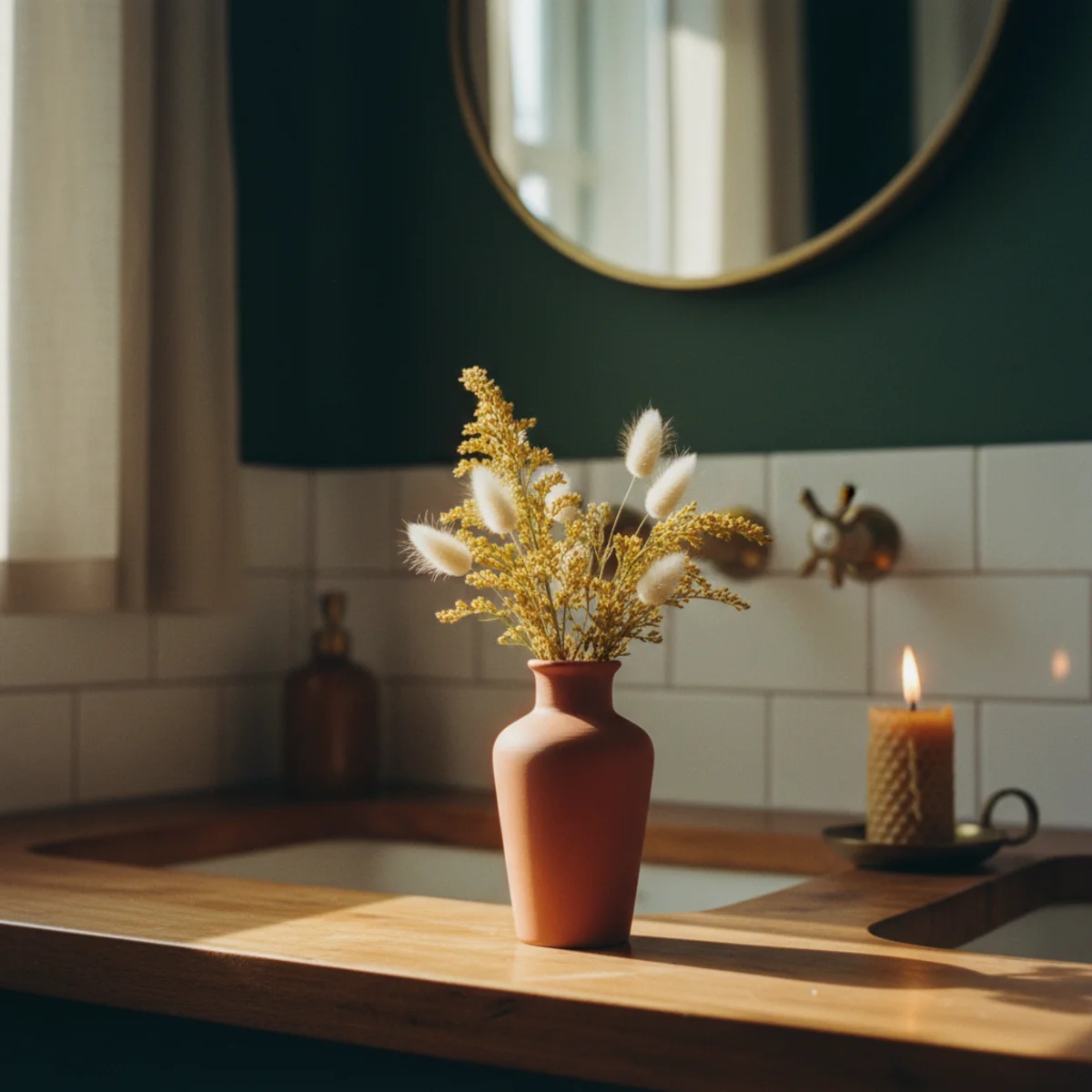 Small bathroom ideas — small bathroom with deep forest green walls above white tile with brass fixtures showing bold color in a brief-use space — Home Decor Aura