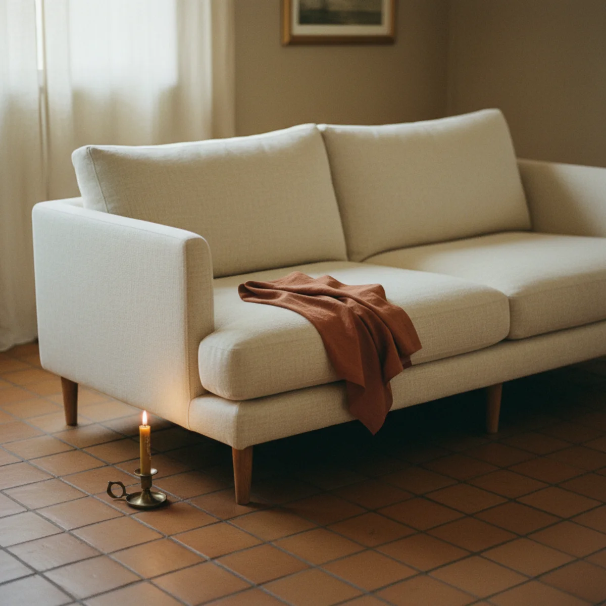 Small living room ideas — leggy mid-century sofa with tapered wooden legs showing visible floor underneath in a warm small living room — Home Decor Aura