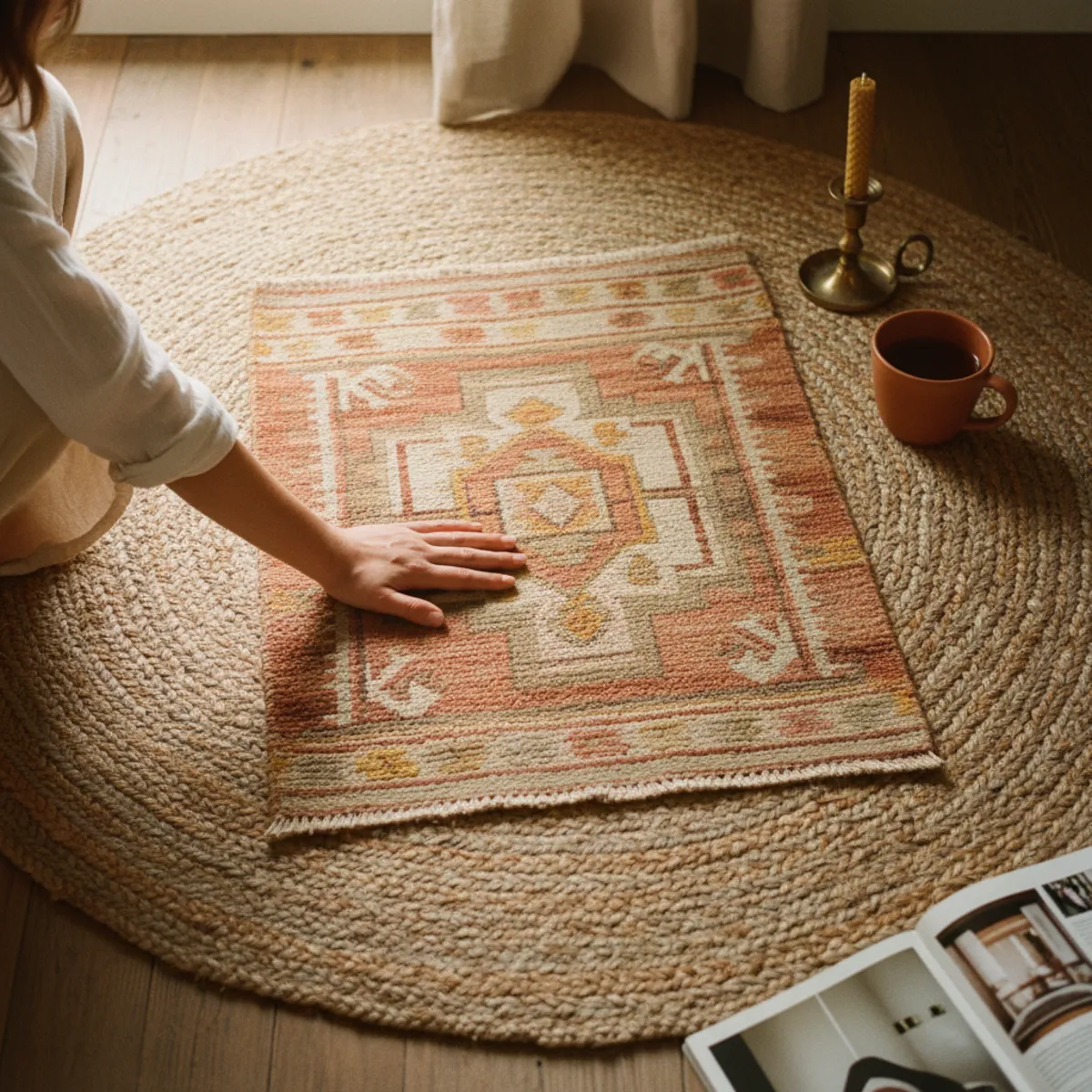 Small living room ideas — jute base rug with smaller vintage Persian rug layered on top defining the seating zone in a small living room — Home Decor Aura