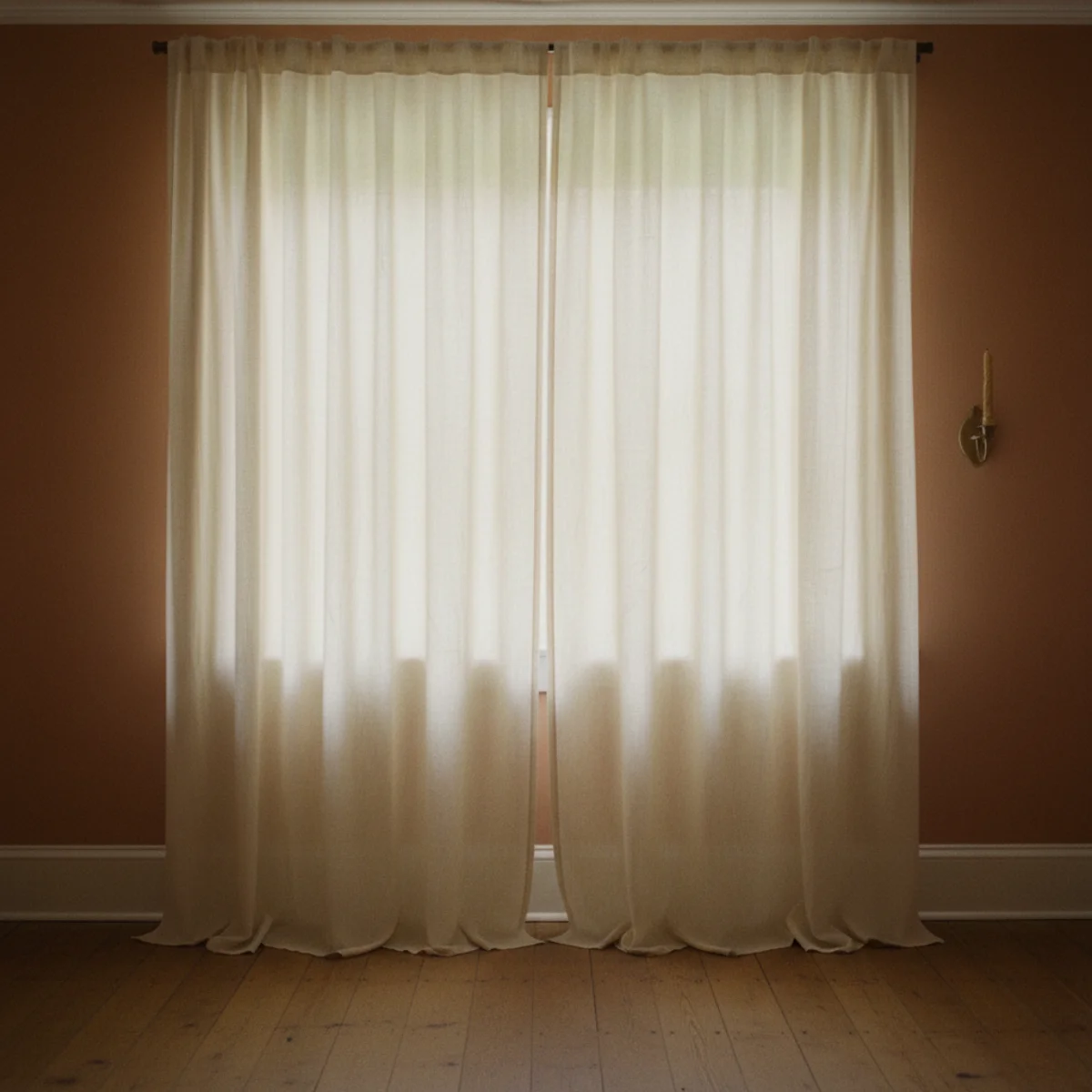 Small living room ideas — linen curtain panels hung from rod mounted 4 inches below ceiling and extending 8 inches beyond window frame in a small living room — Home Decor Aura