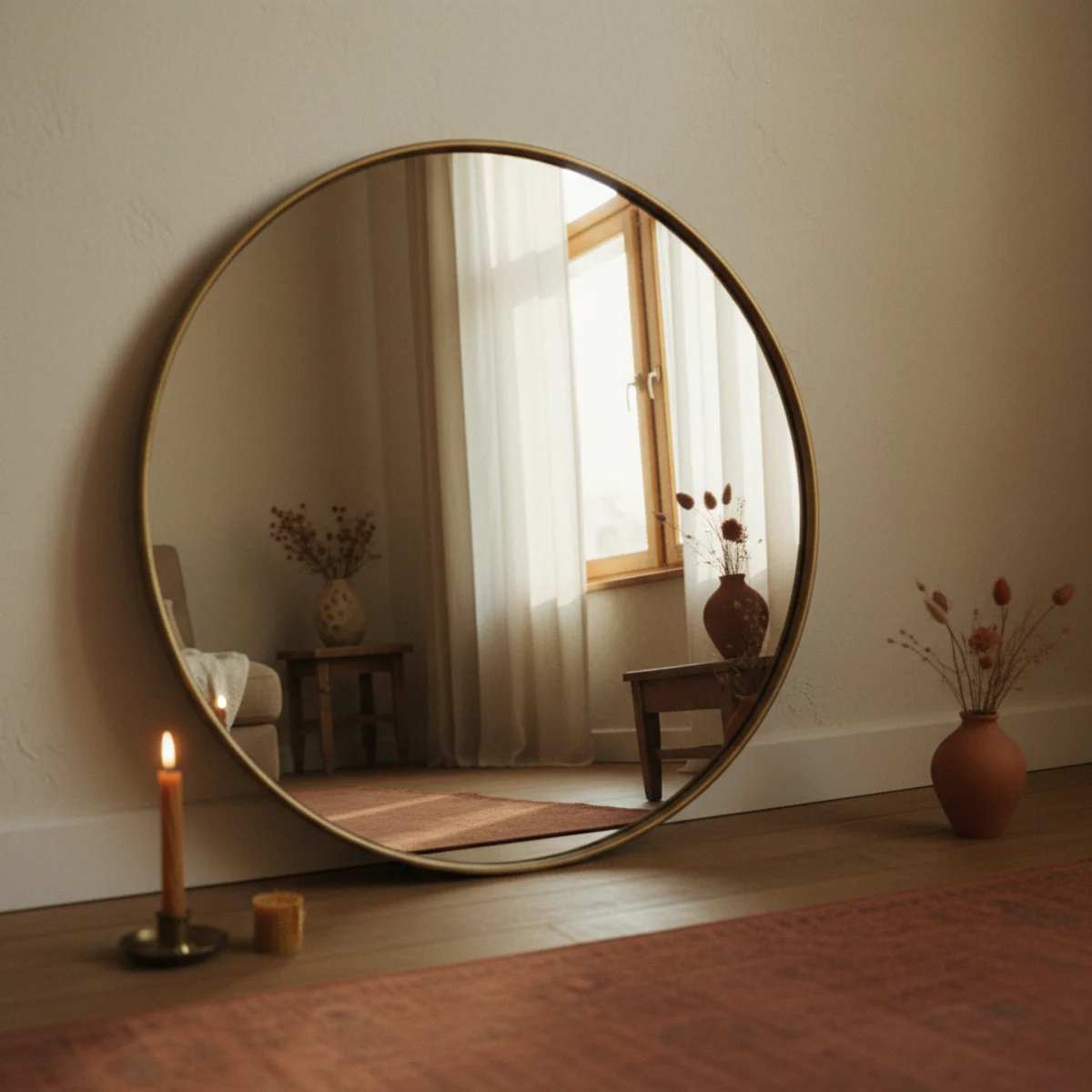 Small living room ideas — large 48-inch round mirror in aged brass frame positioned to reflect window light in a small living room — Home Decor Aura