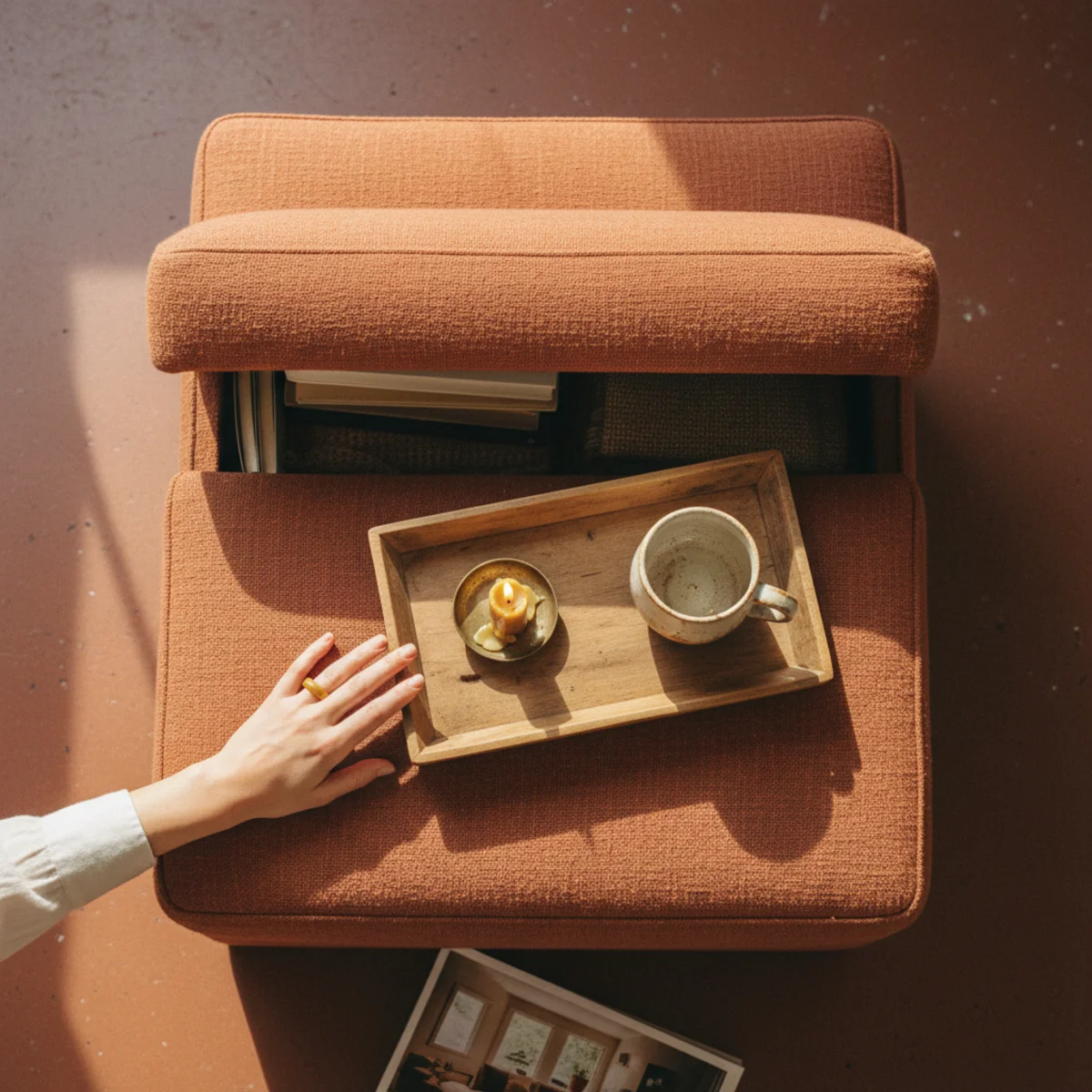 Small living room ideas — large rectangular linen storage ottoman with wooden tray on top serving as coffee table in a small living room — Home Decor Aura