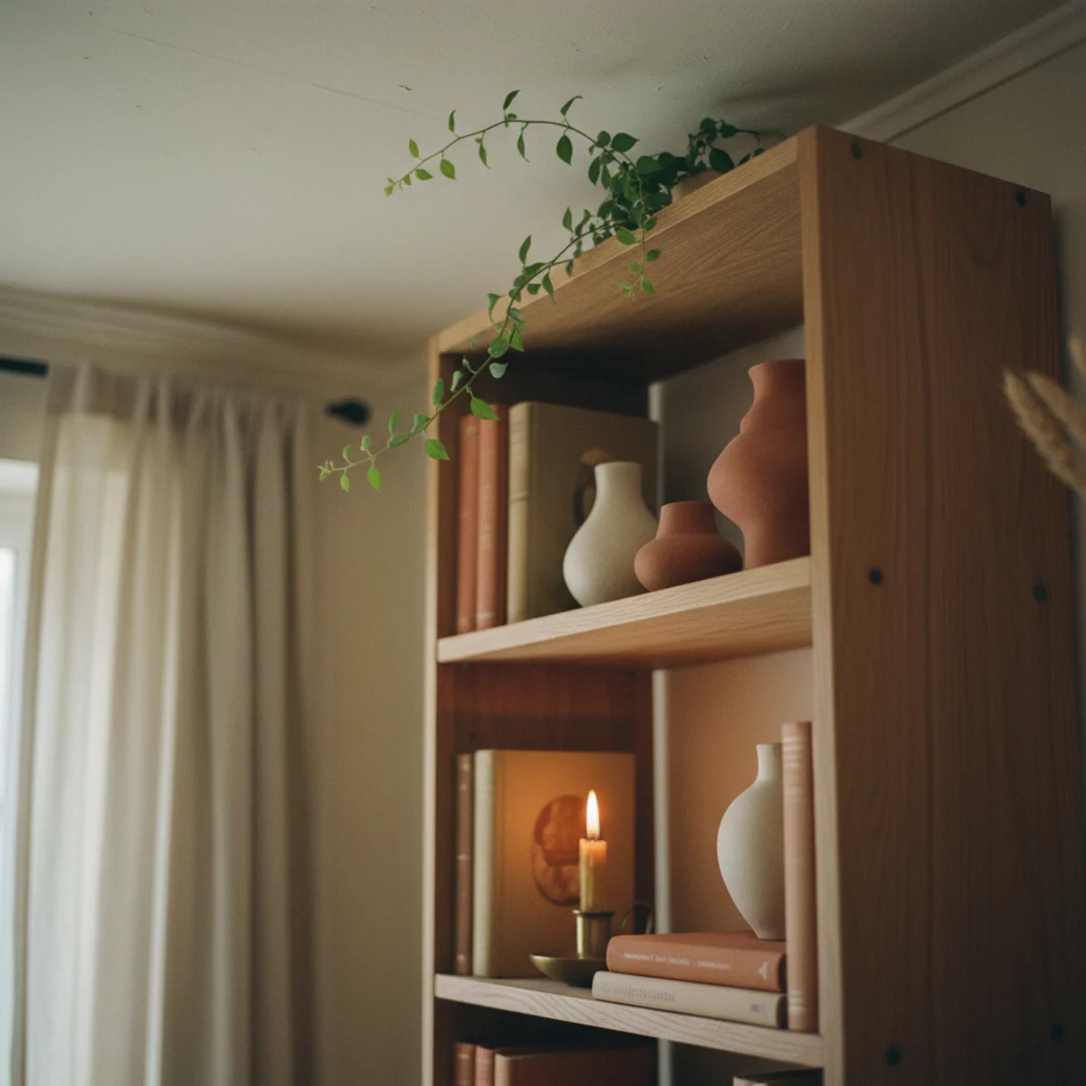 Small living room ideas — tall narrow oak bookshelf 30 inches wide and 84 inches tall positioned against a wall in a small living room — Home Decor Aura