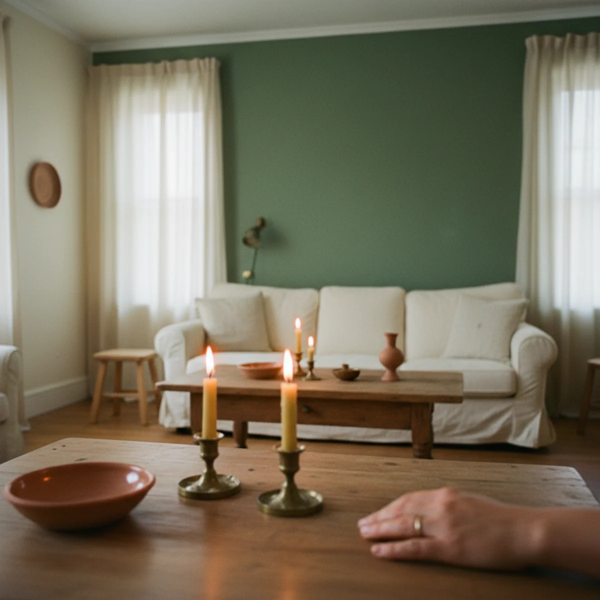 Small living room ideas — small living room painted in Farrow & Ball Setting Plaster on all four walls and ceiling with warm 2700K lamp light — Home Decor Aura