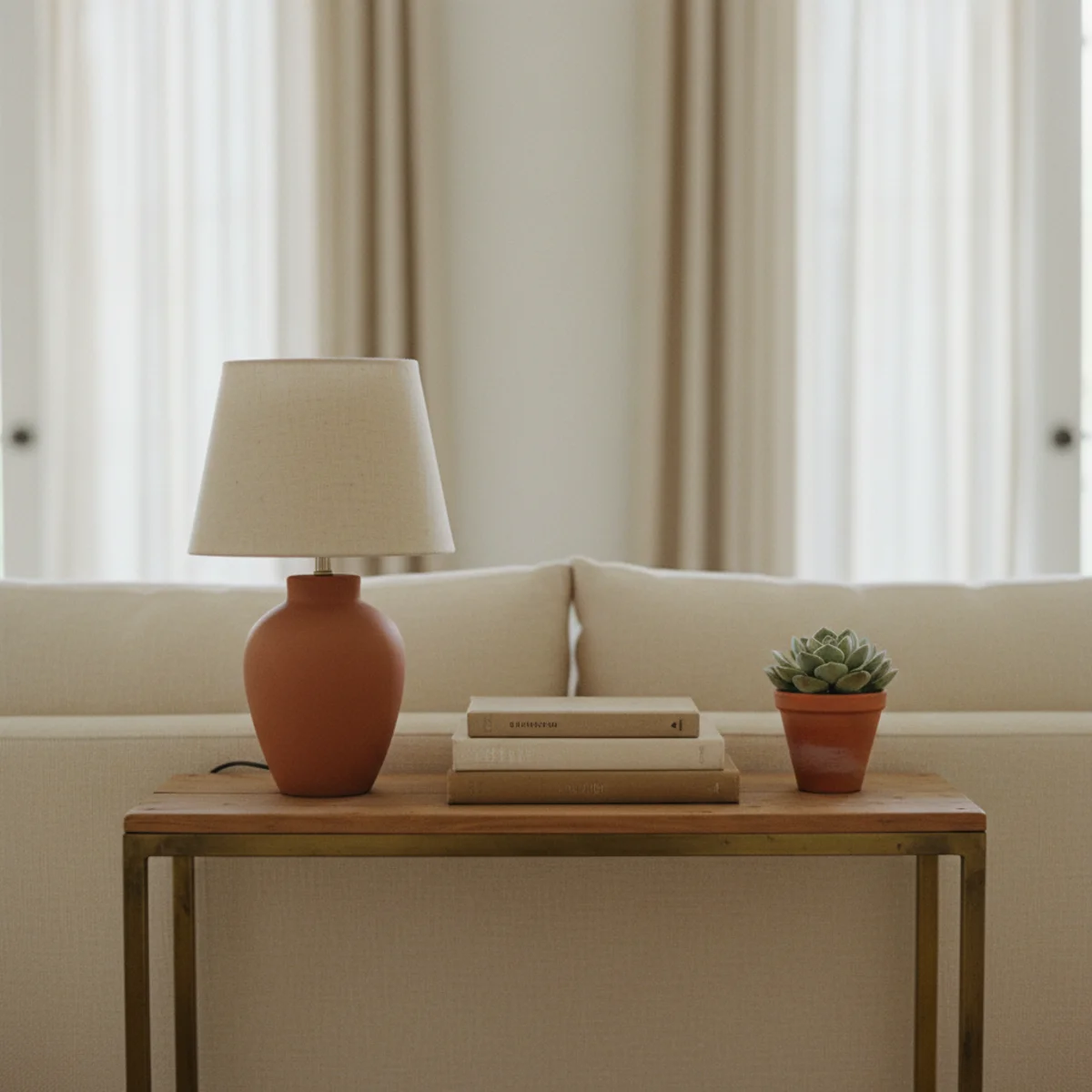 Small living room ideas — narrow wood console table positioned behind a floating sofa holding two matched lamps and a small plant in a small living room — Home Decor Aura
