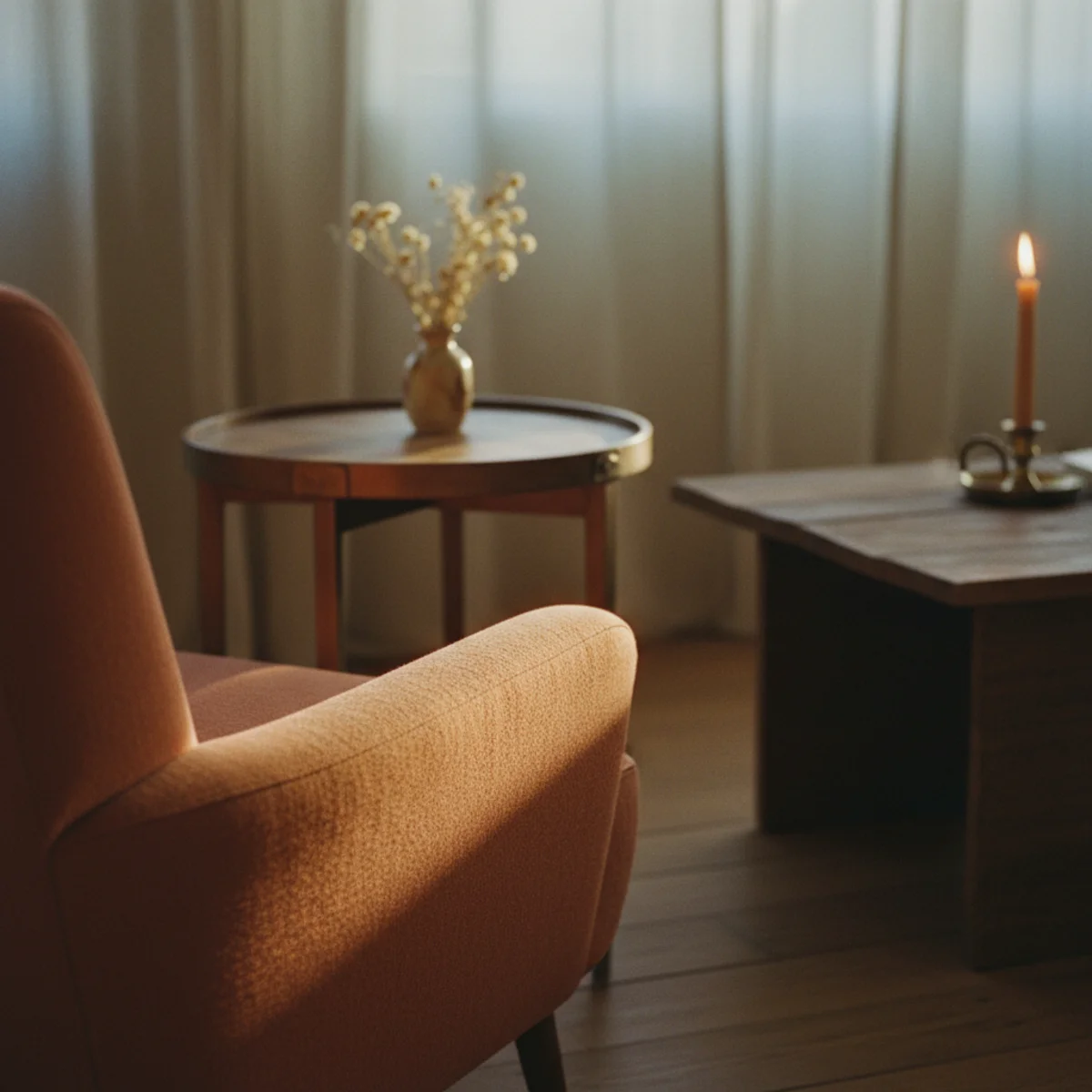 Small living room ideas — small living room with round wooden coffee table and curved-back boucle armchair softening the otherwise rectangular room shape — Home Decor Aura