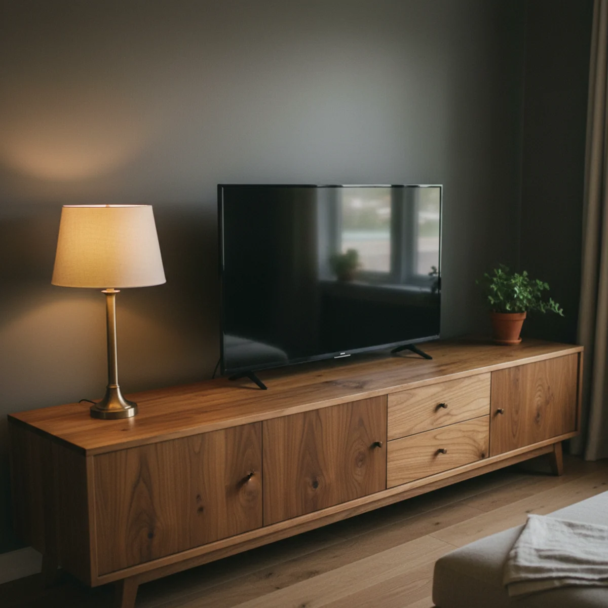 Small living room with TV — flat screen mounted low over a long walnut credenza with small lamp on one side and trailing plant on the other creating a warm horizontal composition — Home Decor Aura