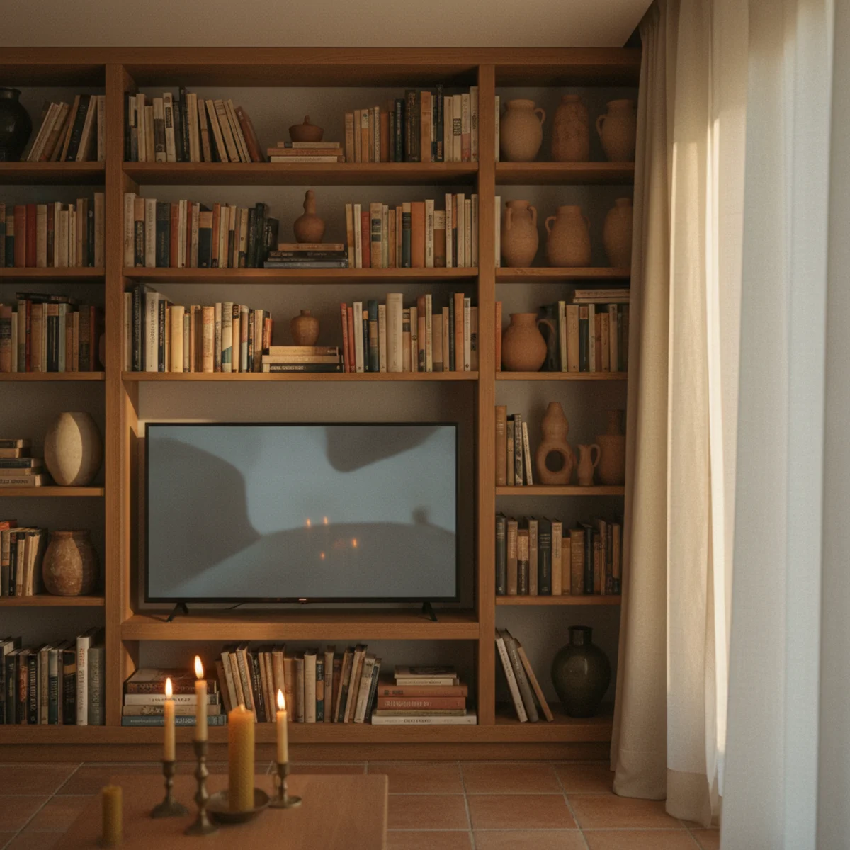 Small living room with TV — television flanked by floor-to-ceiling bookshelves filled with books, ceramics, and plants creating an integrated architectural alcove — Home Decor Aura