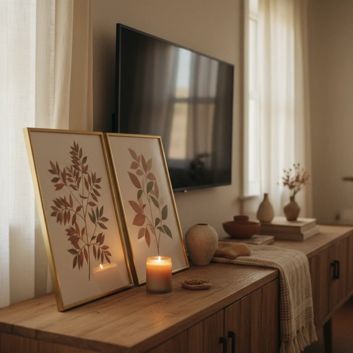 Small living room with TV — warm botanical prints in brass frames leaned on credenza immediately beside the television creating a composed art-and-screen arrangement — Home Decor Aura