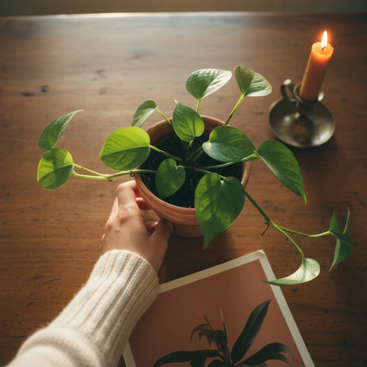 Small living room with TV — trailing pothos in terracotta pot on credenza end beside television with vines trailing toward the screen edge — Home Decor Aura