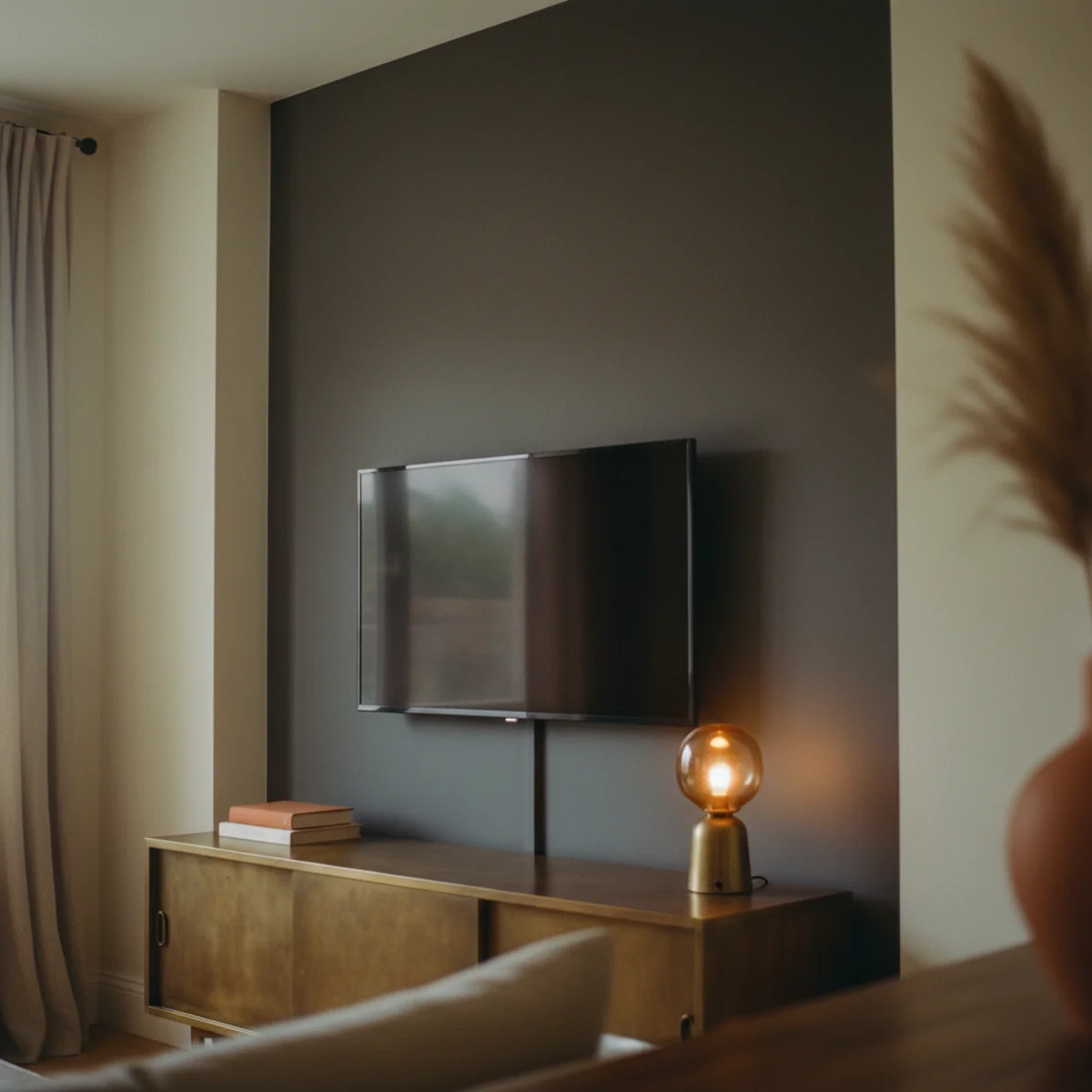 Small living room with TV — television on warm charcoal accent wall showing how the dark screen recedes into the dark wall rather than reading as a dominant black rectangle — Home Decor Aura