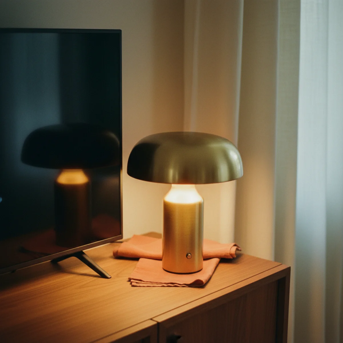 Small living room with TV — warm brass table lamp glowing at medium-low intensity on credenza beside television creating warm ambient halo around the screen — Home Decor Aura
