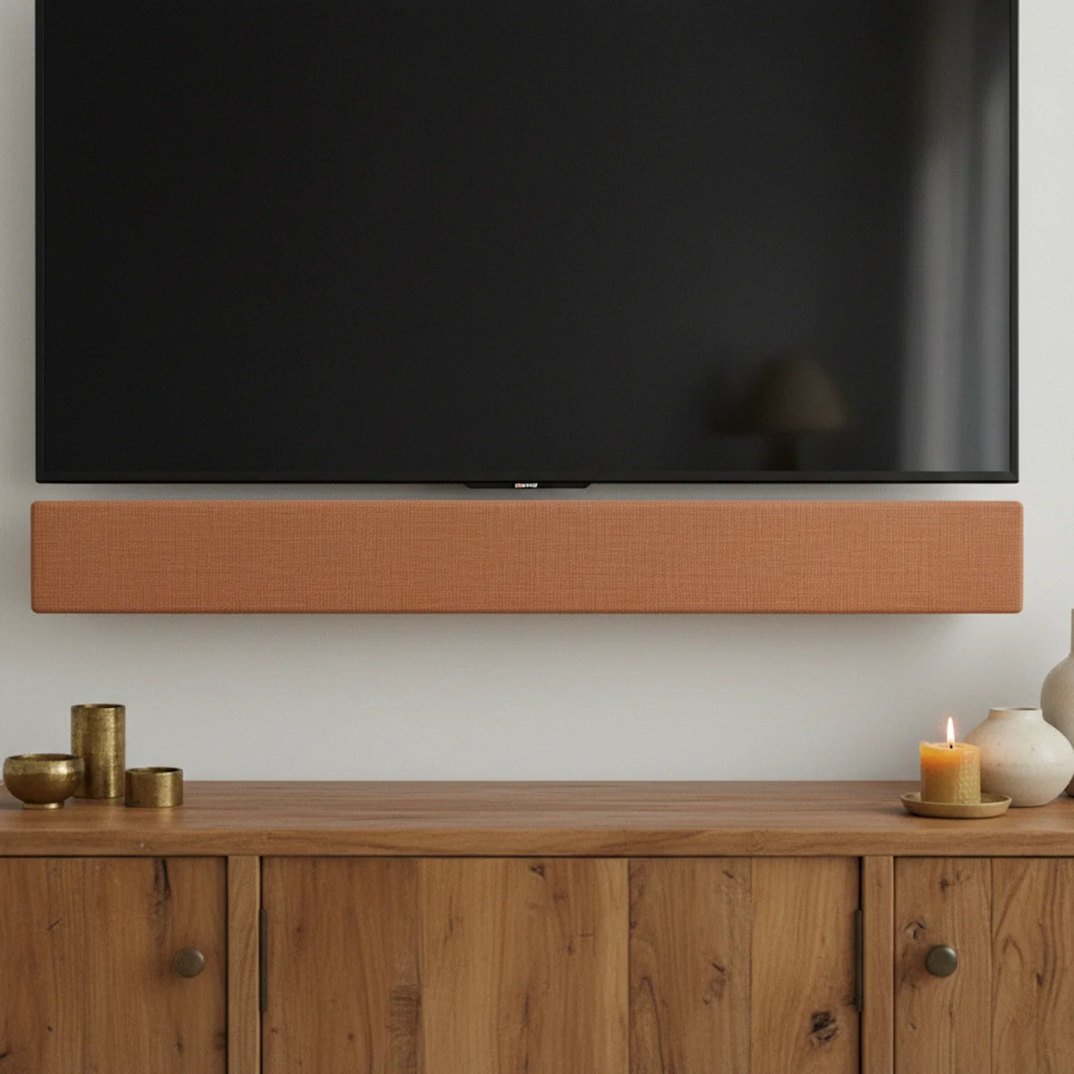 Small living room with TV — fabric-grille soundbar in warm tone mounted below television over walnut credenza reading as integrated furniture element — Home Decor Aura