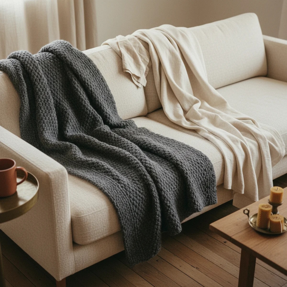 Spring decor ideas — sofa with heavy winter chunky knit throw swapped for lightweight washed linen throw in cream showing the spring textile transition — Home Decor Aura