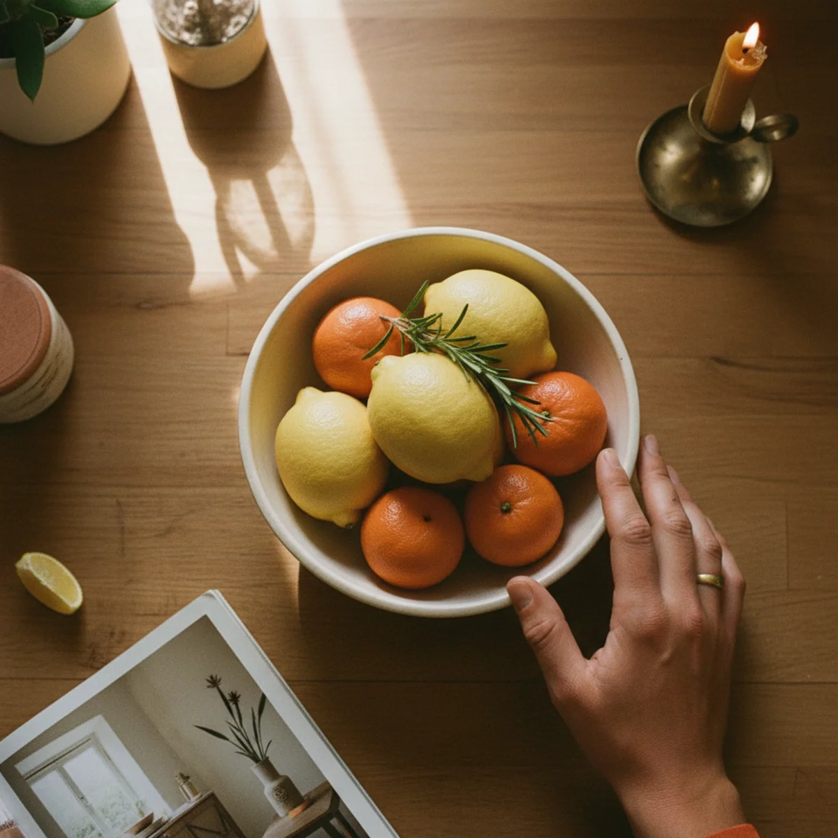 Spring decor ideas — ceramic bowl with blood oranges and Meyer lemons with rosemary sprigs on a kitchen counter as a spring citrus bowl refresh — Home Decor Aura