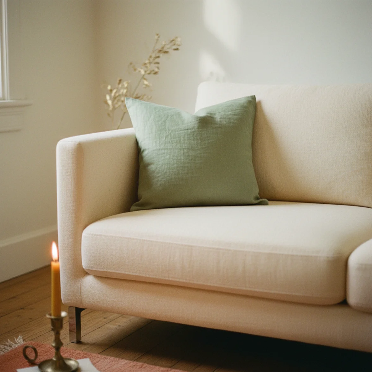 Spring decor ideas — single muted sage green linen cushion cover among cream cushions on sofa as a spring green accent against the warm neutral winter foundation — Home Decor Aura