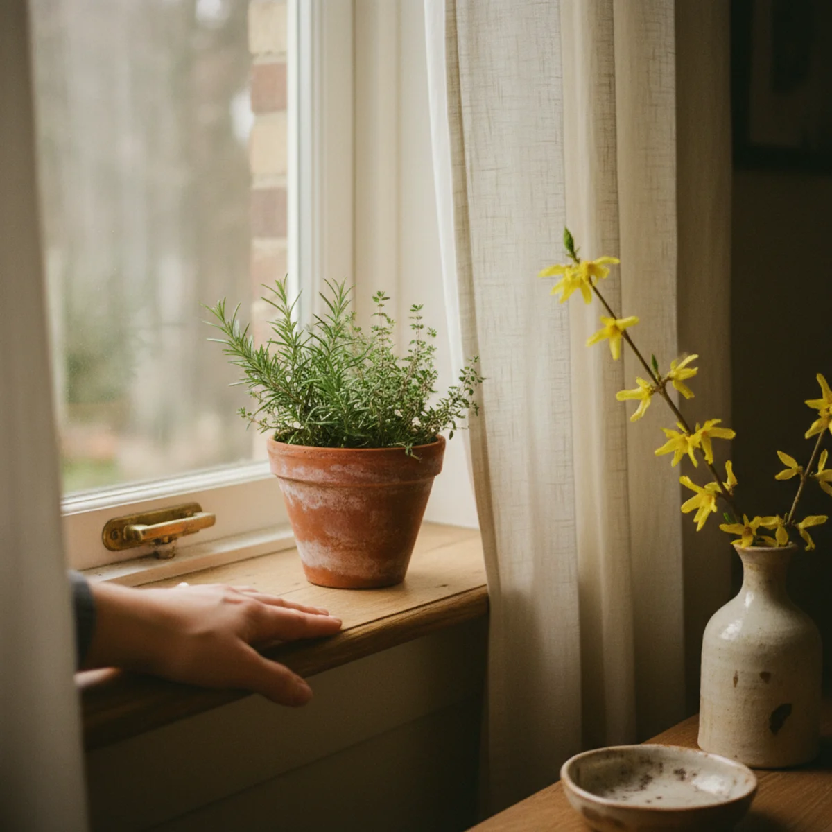 Spring decor ideas — open window with spring air flowing in, fresh branch vase on windowsill, and hyacinth in terracotta on dining table creating the multi-sensory spring moment — Home Decor Aura
