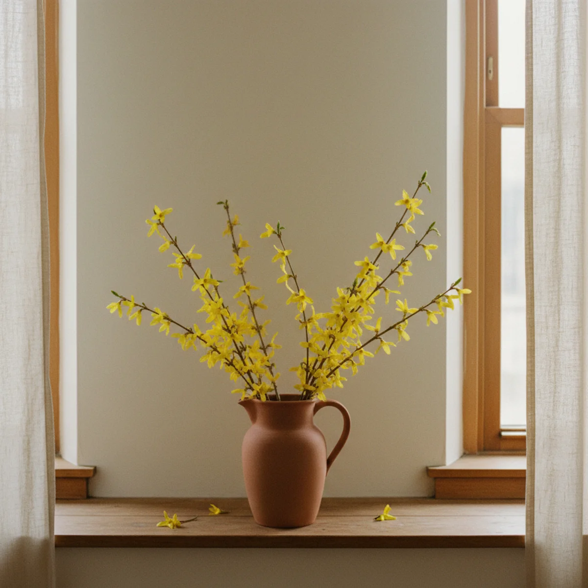 Spring decor ideas — forced forsythia branches with bright yellow blooms in a ceramic pitcher on a windowsill showing authentic spring decor from yard cuttings — Home Decor Aura