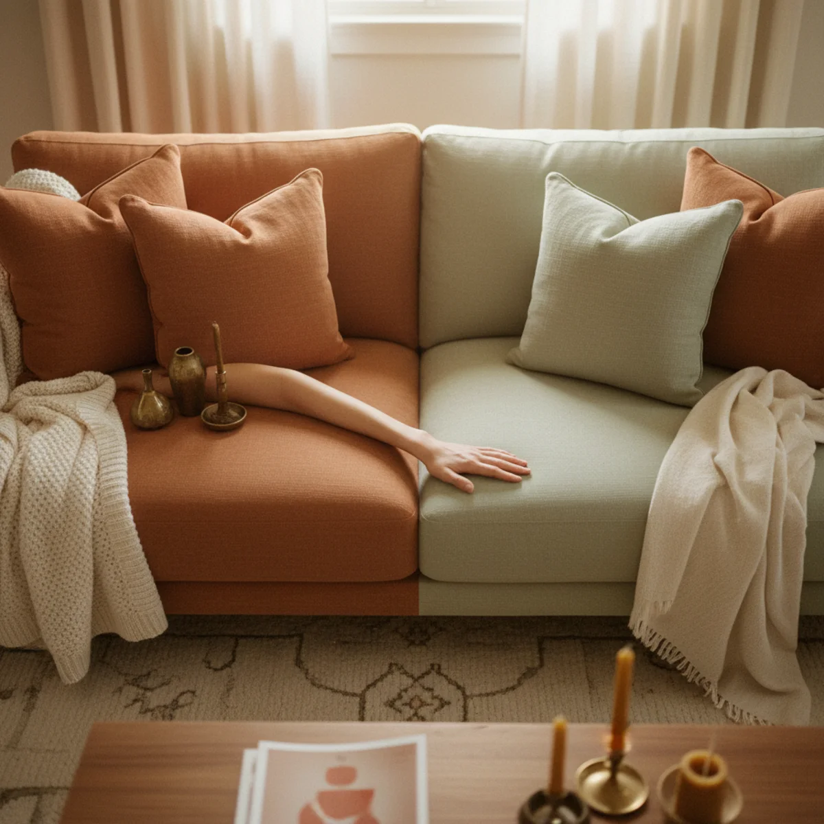 Spring decor ideas — sofa with deep winter terracotta cushions swapped for soft sage and cream spring cushion covers showing the spring palette lightening within the warm family — Home Decor Aura