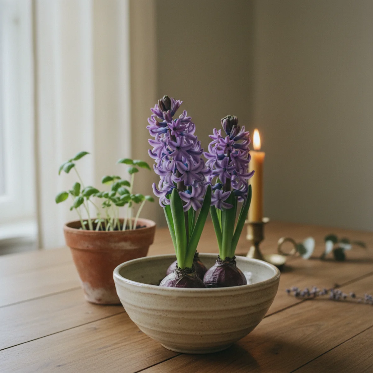 Spring decor ideas — terracotta bowl with blooming hyacinth on a dining table and terracotta pot with basil seedling on kitchen windowsill showing potted spring bulbs and herbs — Home Decor Aura