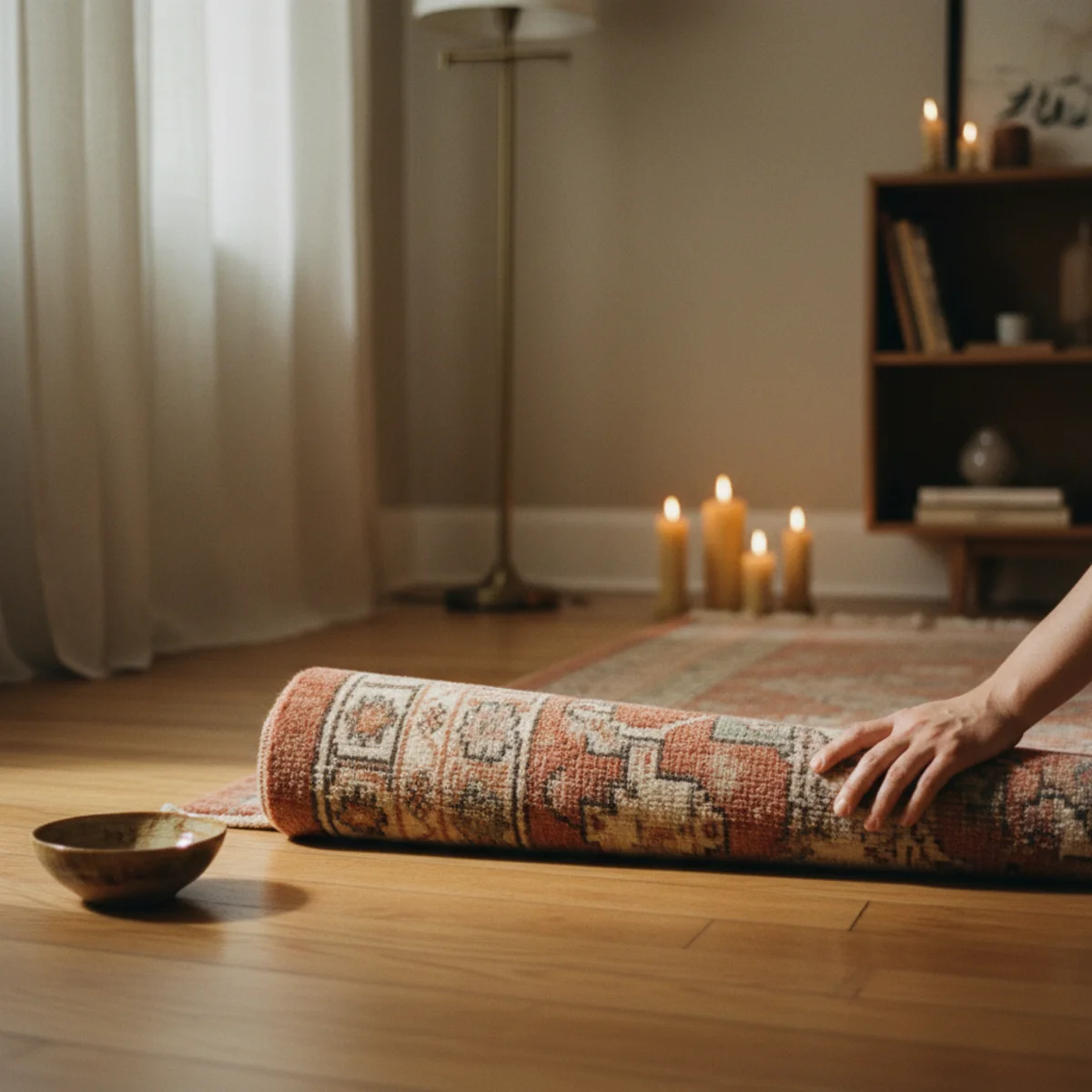 Spring decor ideas — warm wood floor revealed after rolling up heavy winter area rug showing how the reflective floor brightens the room for spring — Home Decor Aura