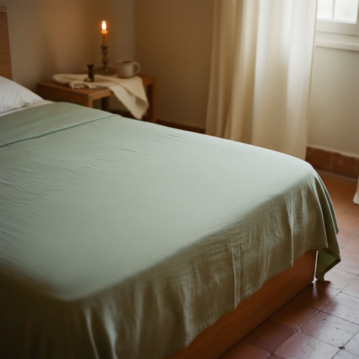 Spring decor ideas — bed with lightweight cotton coverlet in soft sage replacing heavy winter down comforter showing the spring bedding transition — Home Decor Aura