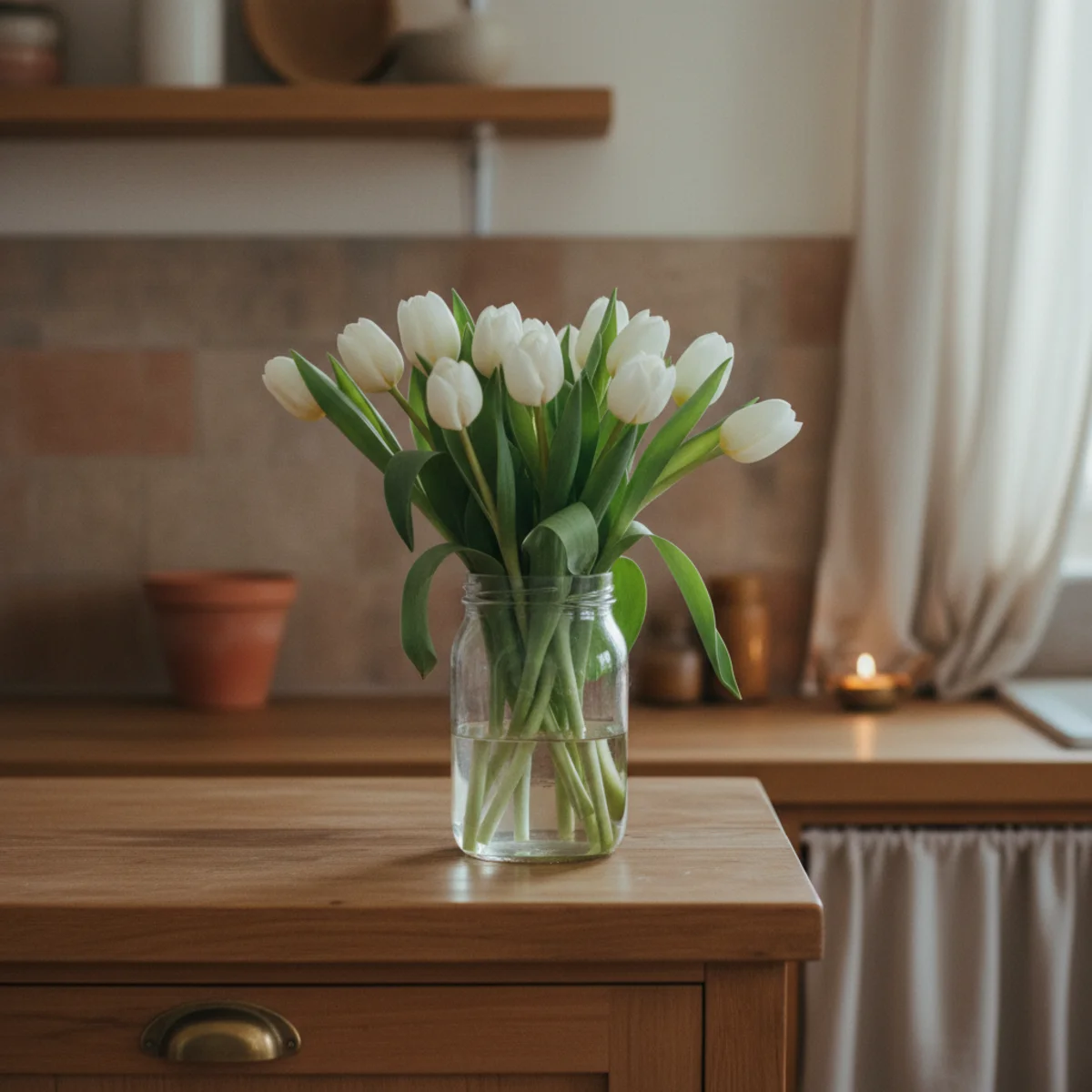 Spring decor ideas — tight bunch of white tulips in a simple glass jar on a kitchen windowsill with spring light showing the fresh flower spring signal — Home Decor Aura