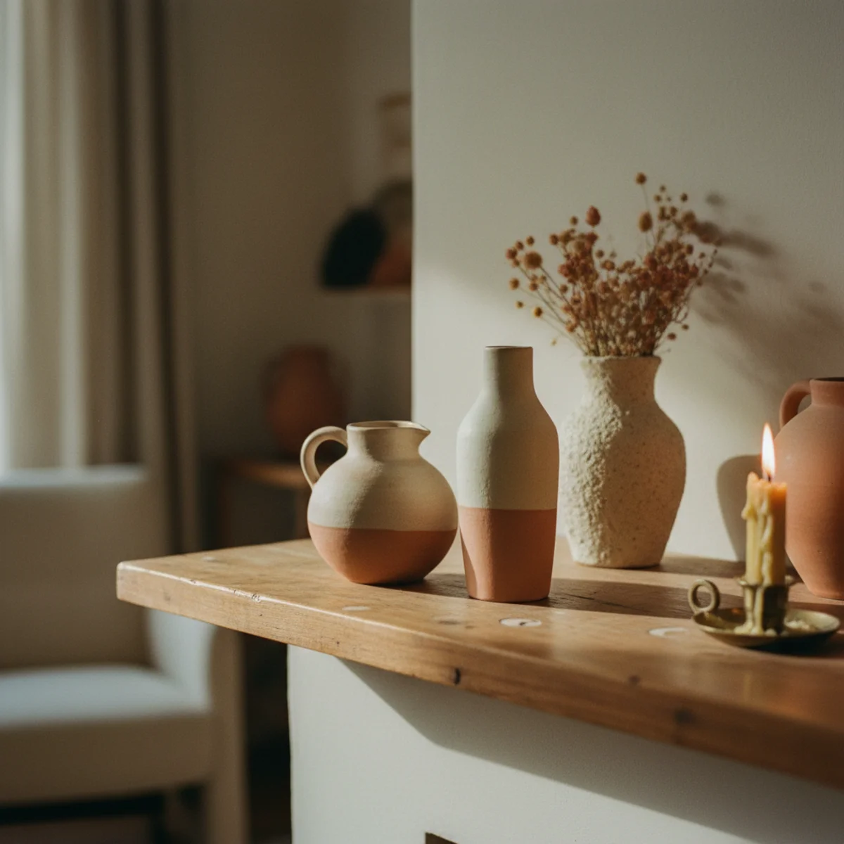 Spring decor ideas — mantel with winter candle cluster reduced to two tapers and fresh branch vase replacing dense winter arrangement showing spring surface clearing — Home Decor Aura