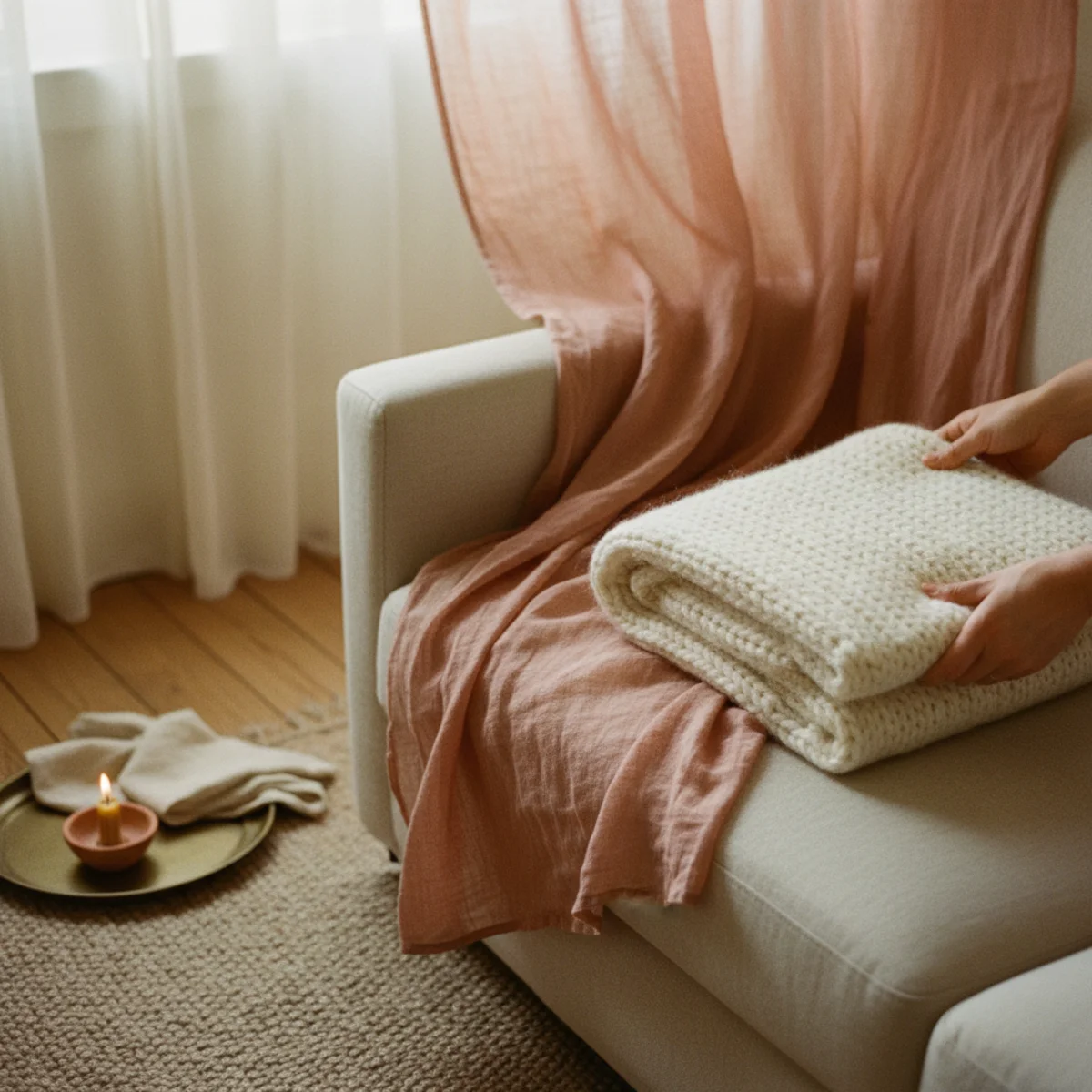 Summer decor ideas — sofa with lightweight washed linen throw and cream linen cushion covers with window breeze slightly lifting the curtain panel showing the breezy summer textile quality — Home Decor Aura