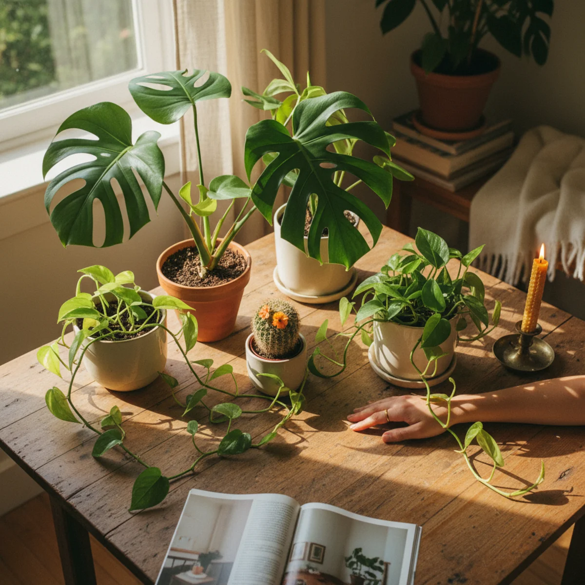 Summer decor ideas — living room corner with houseplants at summer peak growth showing monstera at full leaf and pothos trailing abundantly — Home Decor Aura