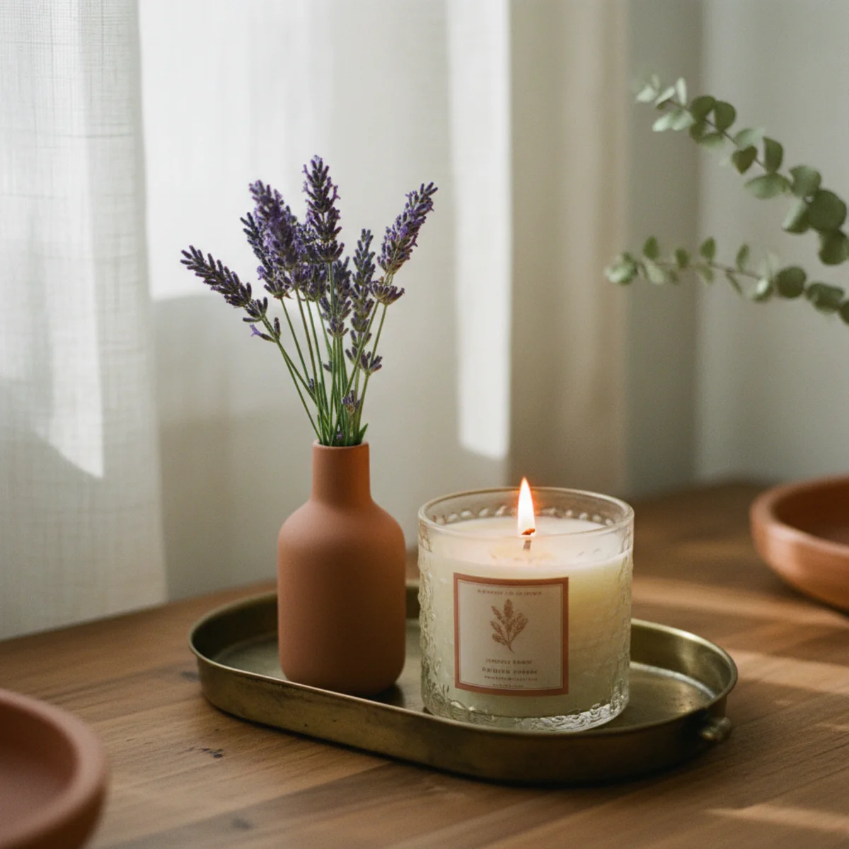 Summer decor ideas — small fresh lavender bunch in a ceramic vase on a bathroom shelf and lighter-profile candle on windowsill showing summer scent transition from heavy winter to fresh summer — Home Decor Aura