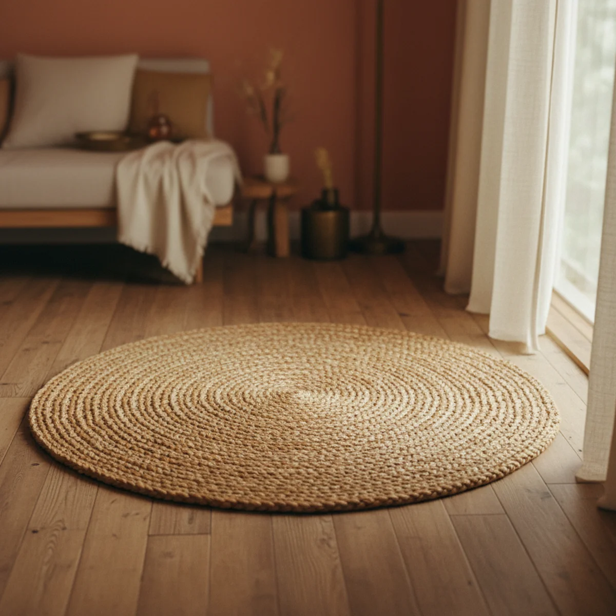 Summer decor ideas — warm honey-tan jute rug under a sofa with bare wood floor visible at edges showing the open natural-fiber summer floor — Home Decor Aura