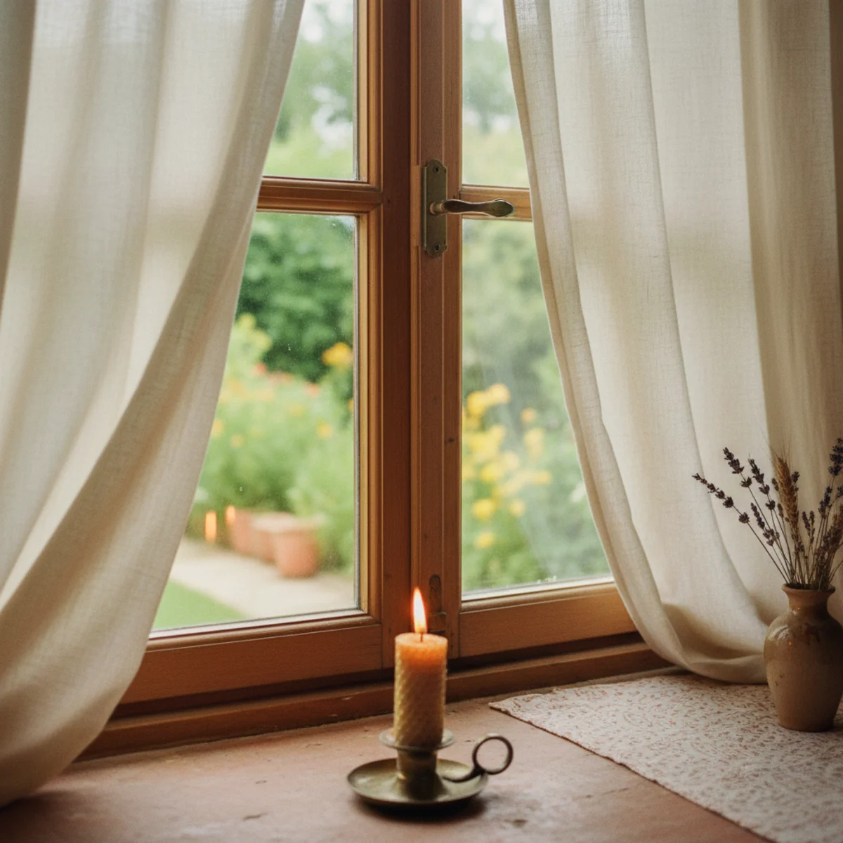 Summer decor ideas — room with windows fully open and sheer linen curtains catching the summer breeze allowing full summer light and air movement — Home Decor Aura