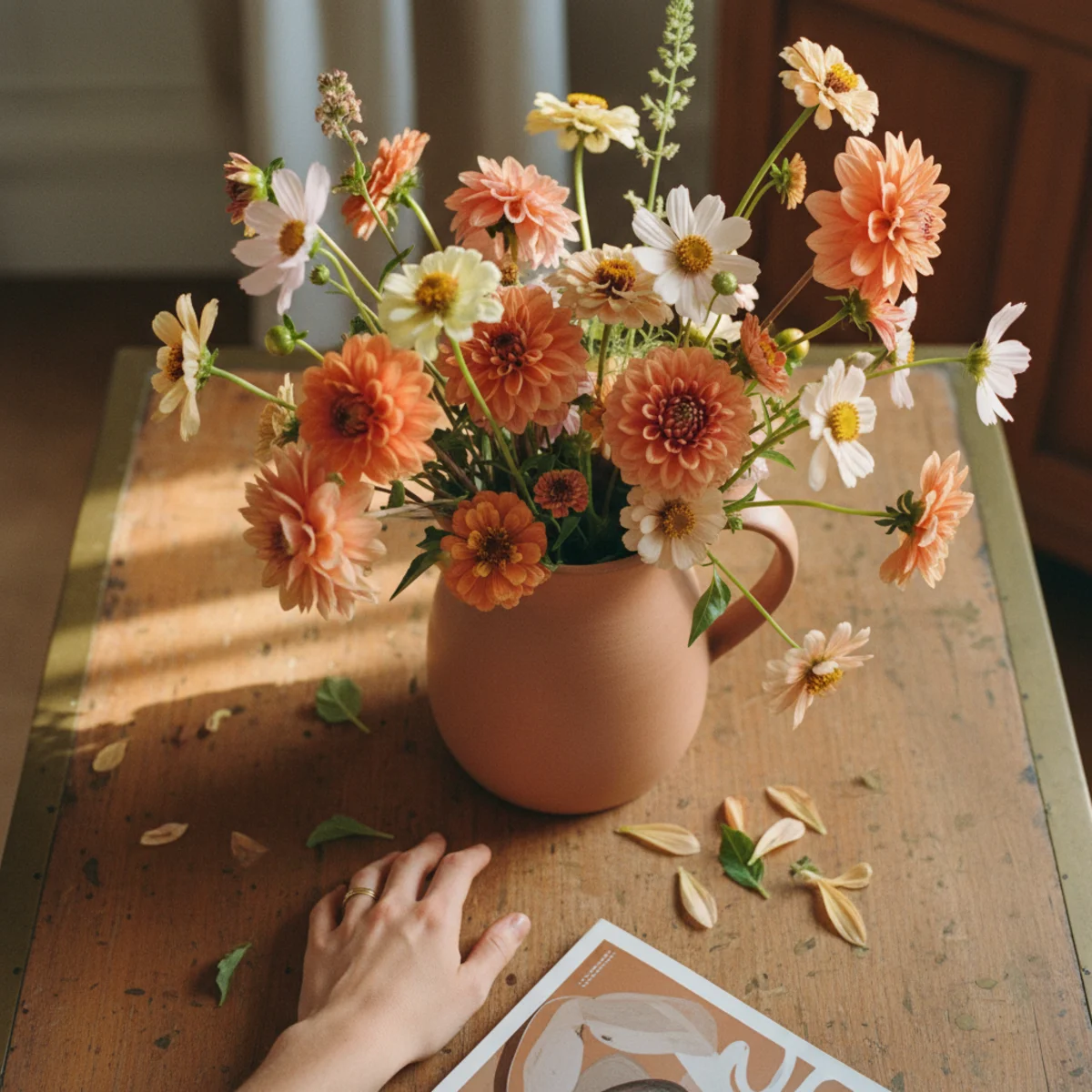 Summer decor ideas — wide ceramic pitcher overflowing with mixed summer flowers including dahlias, zinnias, and cosmos on a kitchen counter at peak summer abundance — Home Decor Aura