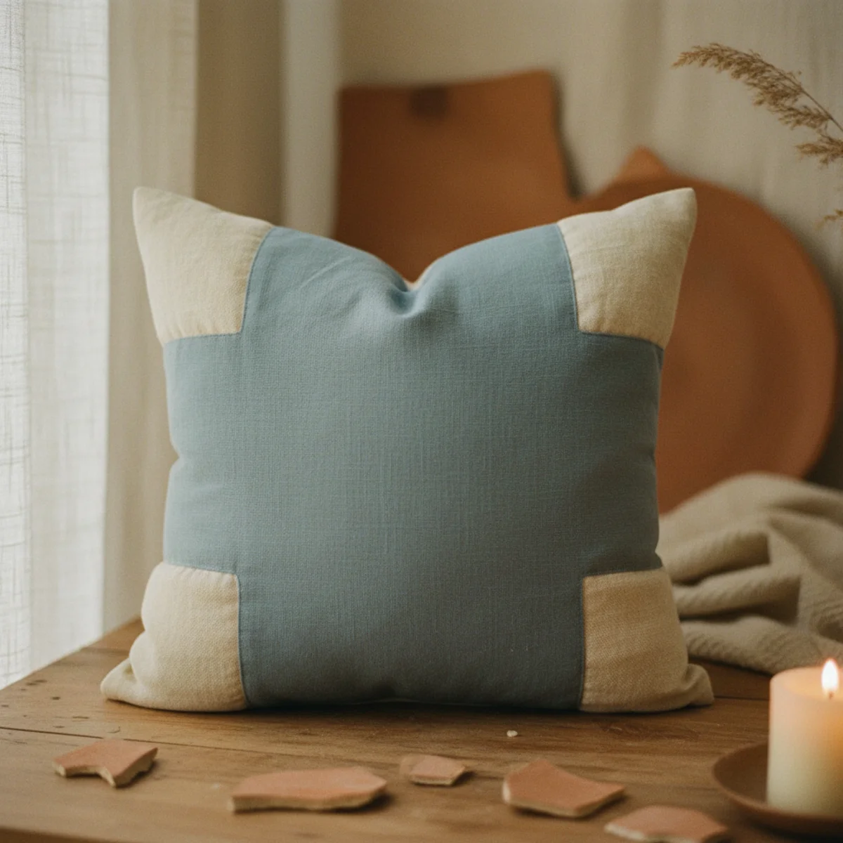 Summer decor ideas — living room at peak summer light with bleached cream textiles, pale natural linen, and one dusty blue cushion accent showing the lightest warm-home summer palette — Home Decor Aura