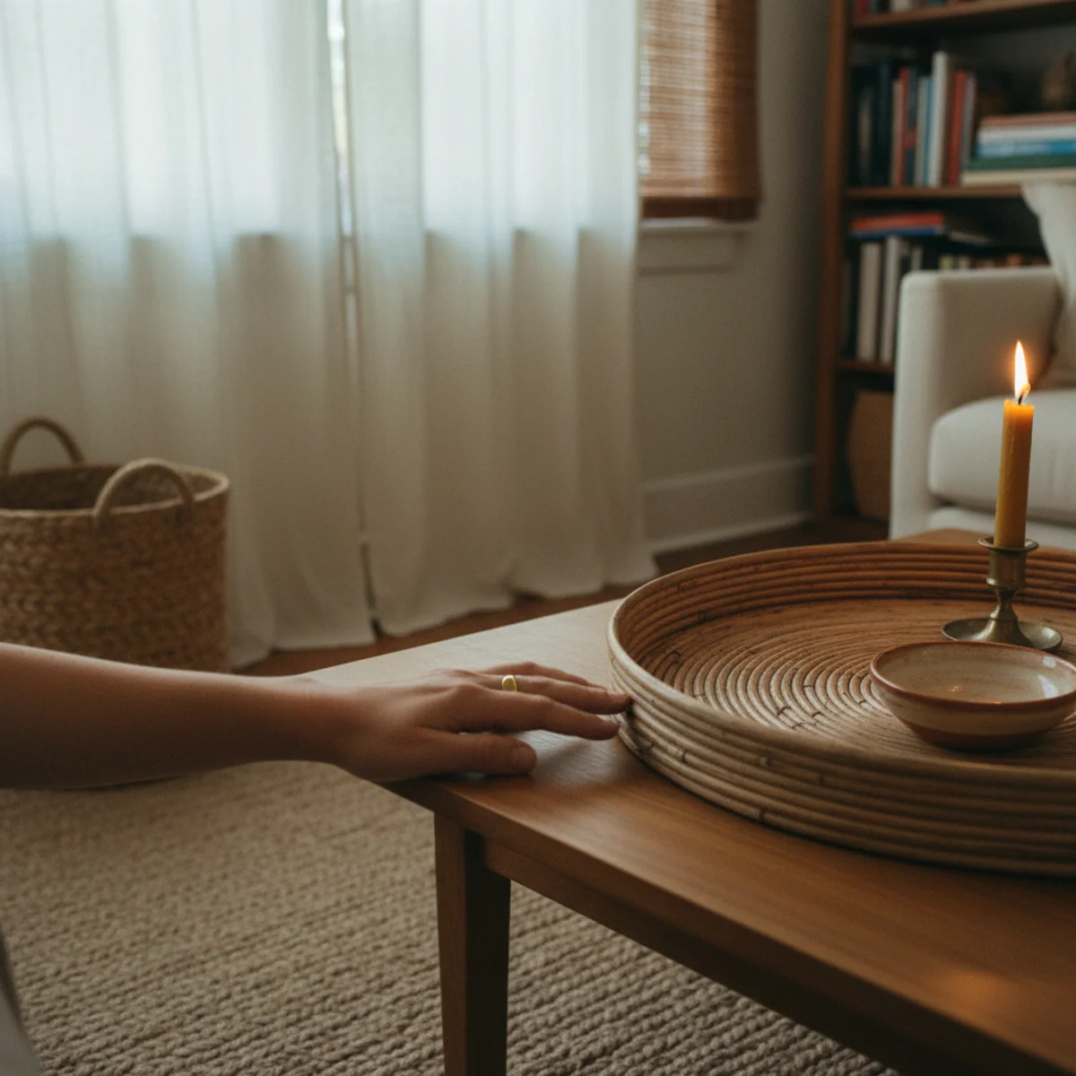 Summer decor ideas — living room with jute rug, seagrass storage basket, rattan tray on coffee table, and bamboo blind showing natural fibers at every surface plane for summer — Home Decor Aura