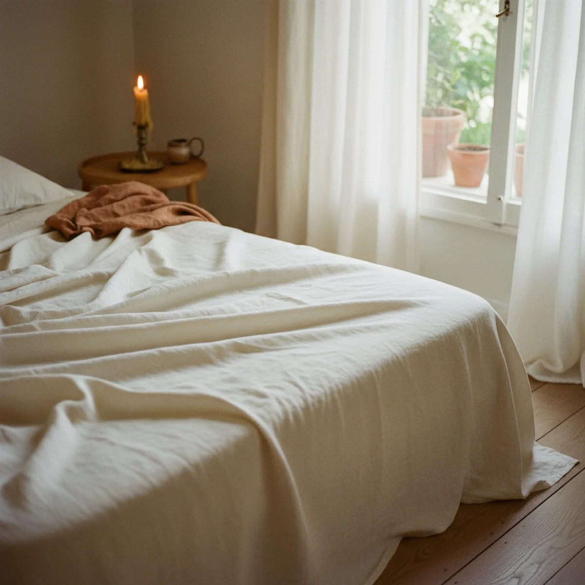 Summer decor ideas — bed with single pale linen top sheet as sole bedding layer with window breeze visible showing the minimum-coverage summer bedding approach — Home Decor Aura