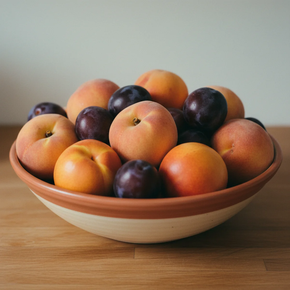 Summer decor ideas — wide wooden bowl of peak summer fruit including yellow peaches, plums, and nectarines on a kitchen counter showing the summer fruit bowl at its July peak — Home Decor Aura