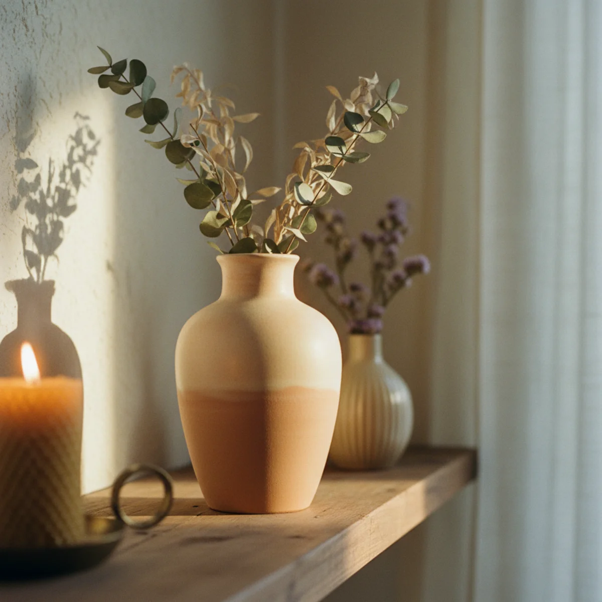 Summer decor ideas — summer mantel with single large flower arrangement and two pale ceramics showing the maximum-cleared summer surface state — Home Decor Aura