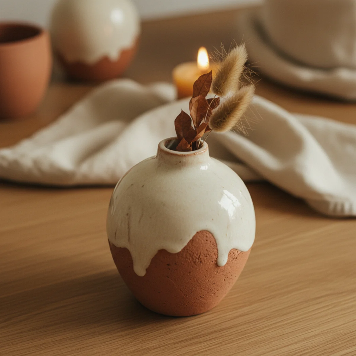 Terracotta color palette — living room with cream walls, warm wood floors, terracotta cushions on linen sofa, and terracotta clay pots showing the base terracotta-and-cream palette — Home Decor Aura