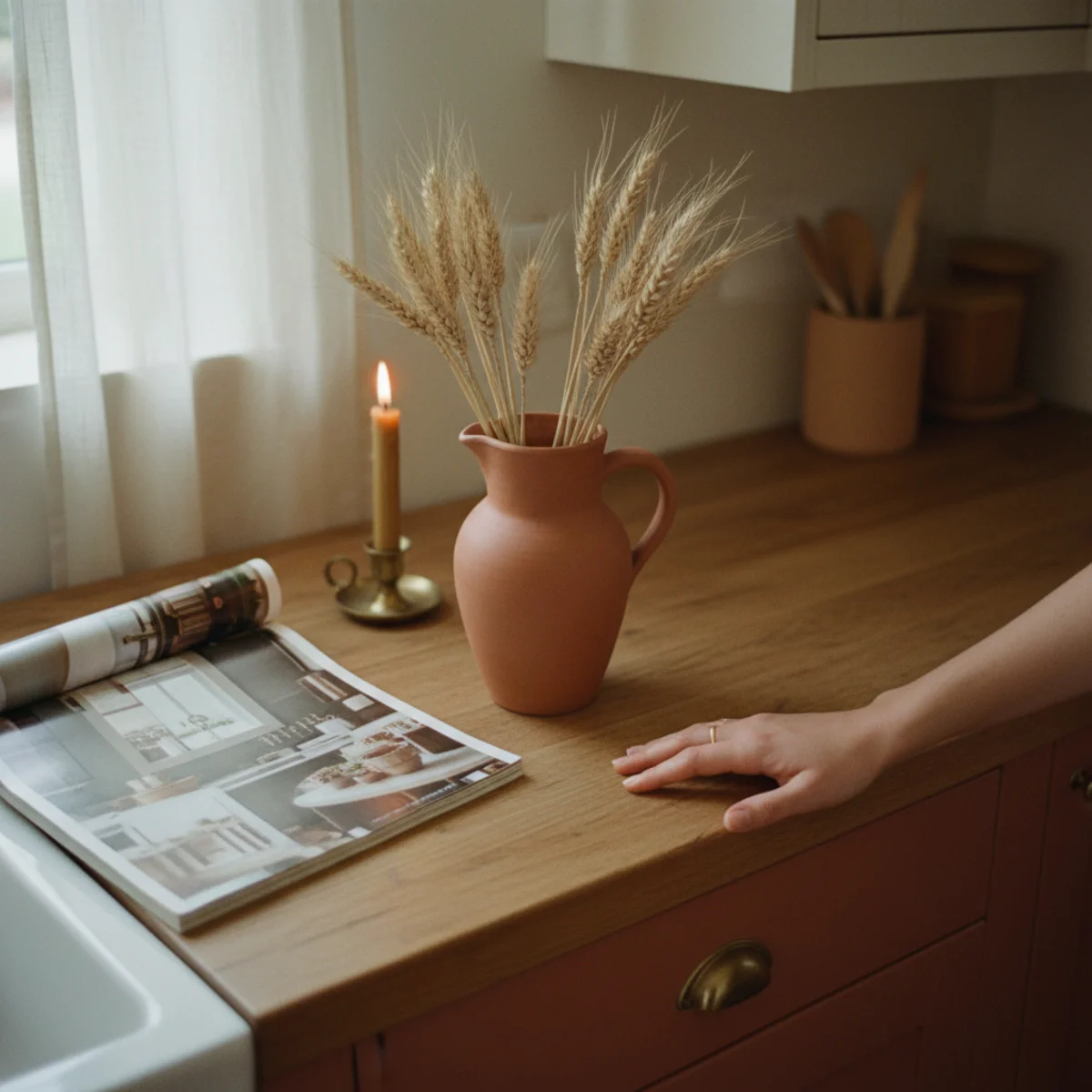 Terracotta color palette — kitchen with terracotta Saltillo tile floor, terracotta-painted lower cabinets with cream uppers, aged brass hardware, and terracotta ceramics on open shelving — Home Decor Aura