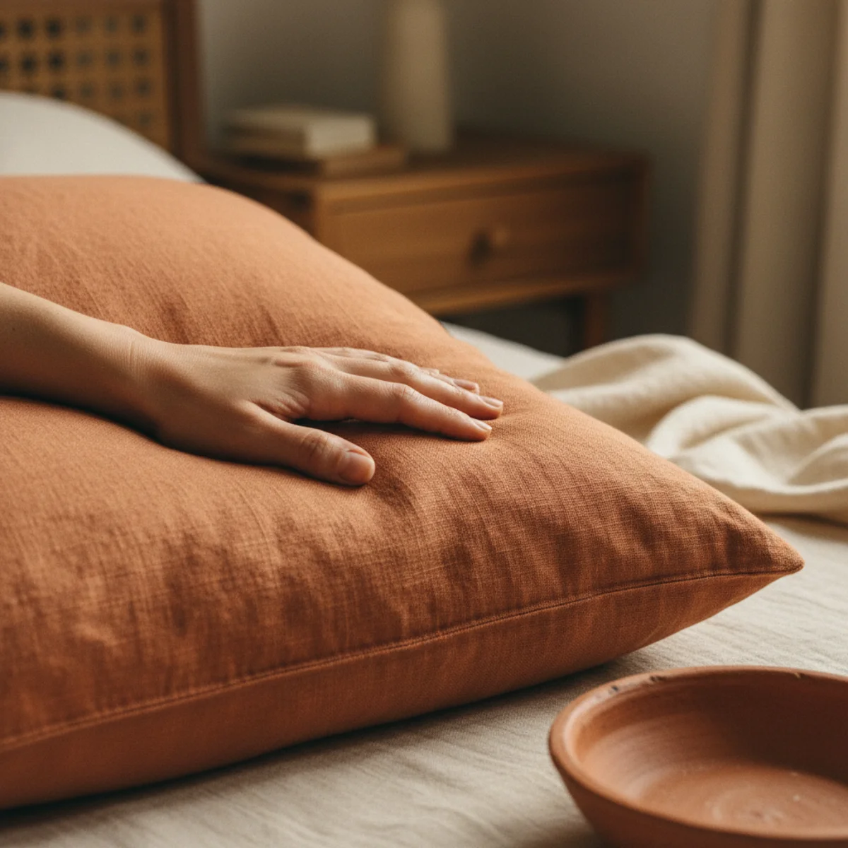 Terracotta color palette — collage showing terracotta appearing across home at varied scales: tile floor in kitchen, cushion in living room, bedding in bedroom, pottery in bathroom — Home Decor Aura