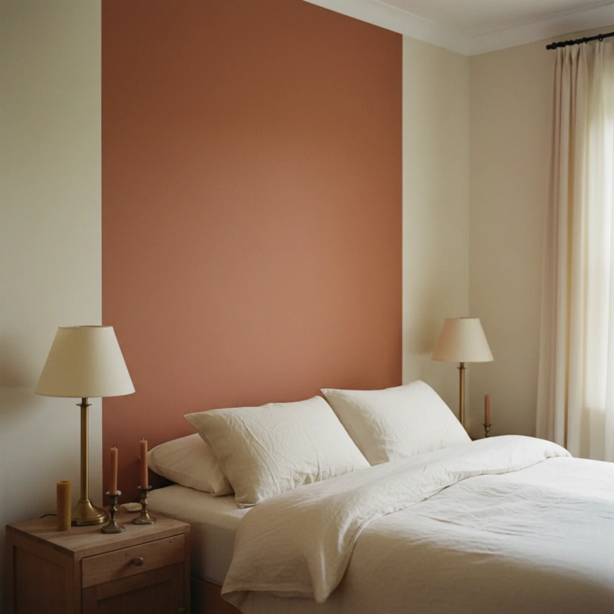 Terracotta color palette — bedroom with single terracotta accent wall painted in Farrow & Ball Red Earth 64 behind the bed with cream surrounding walls and warm lighting — Home Decor Aura