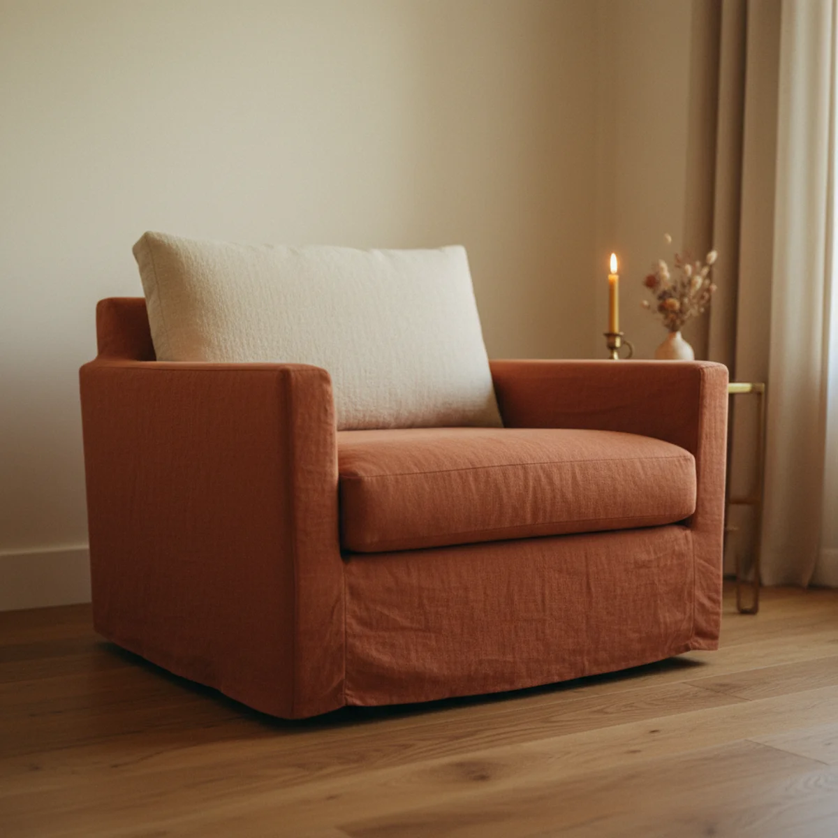 Terracotta color palette — terracotta linen sofa with cream cushions against cream walls and warm wood floors showing the sofa as primary color anchor in a warm living room — Home Decor Aura